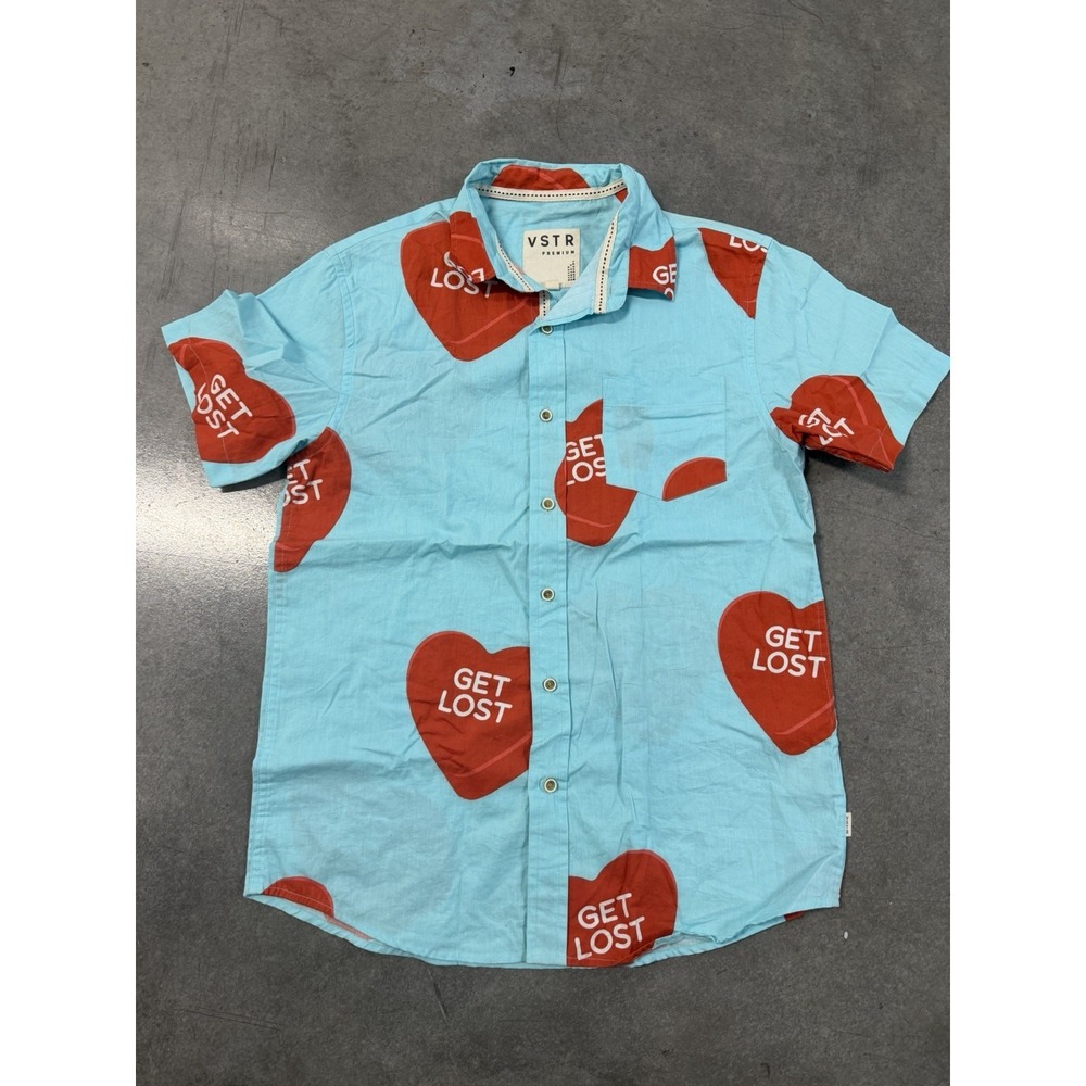 VSTR Premium 'Get Lost' Light Blue, Red Hearts,‎ Medium Button Down Shirt #593